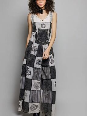 POL NEW Boho Printed Patchwork Ruffle Strap wide Leg Overalls 100%cotton